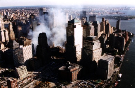 Aerial view of Lower Manhattan, with the still smoldering World Trade Center complex, Sep. 15, 2011. Photo by the author.