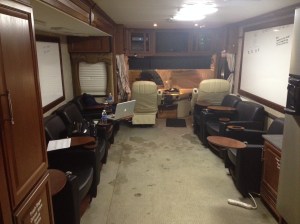 Sometimes your office comes equipped with a steering wheel. The West Virginia train derailment joint information center work space. Photo courtesy of Thomas McKenzie.